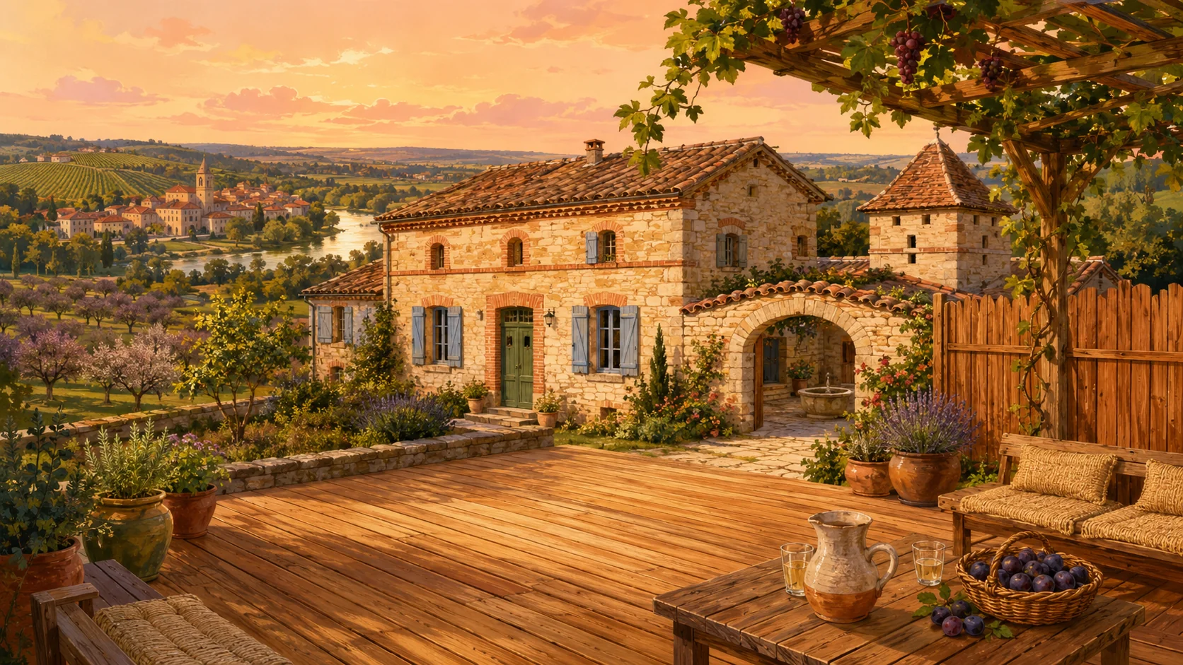 Illustration paysagère du dépôt avec terrasse en bois et clôture